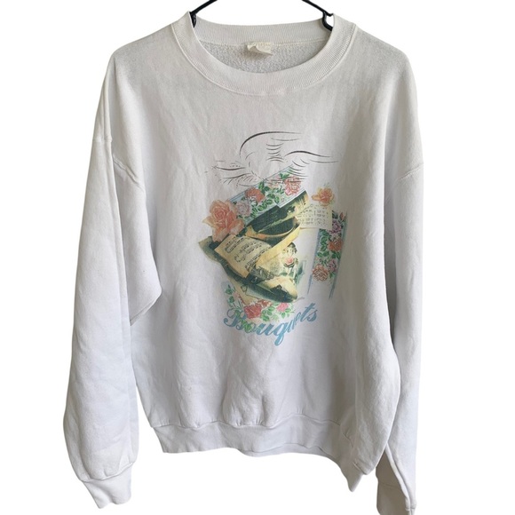 Vintage Bouquets Roses Crewneck Sweatshirt Adult 90s Sweater Music Sheets - Picture 2 of 4